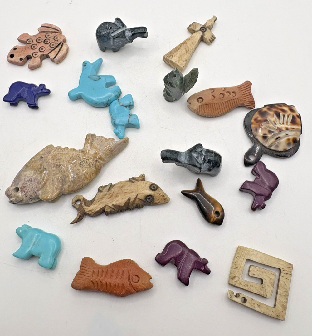 Lot of 18 Gemstone Animals Fish Turquoise FETISH Necklace Jewelry Craft BEADS